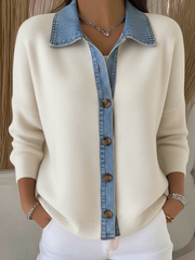 Cardigan en tricot avec col polo et patchs en denim, avec boutons