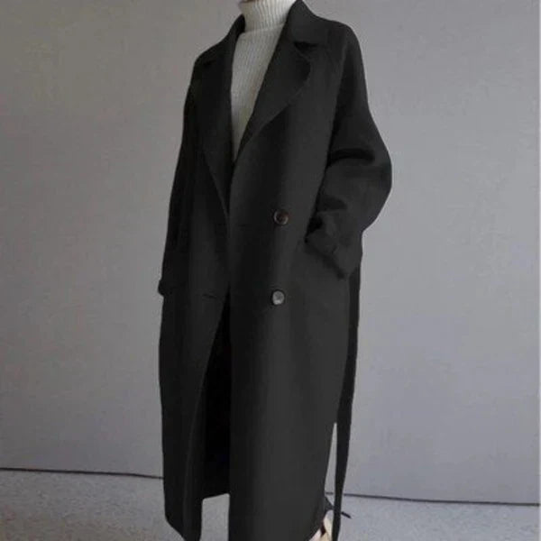 Manteau femme long ceinturé coupe ajustée en maille mélangée pour hiver élégant
