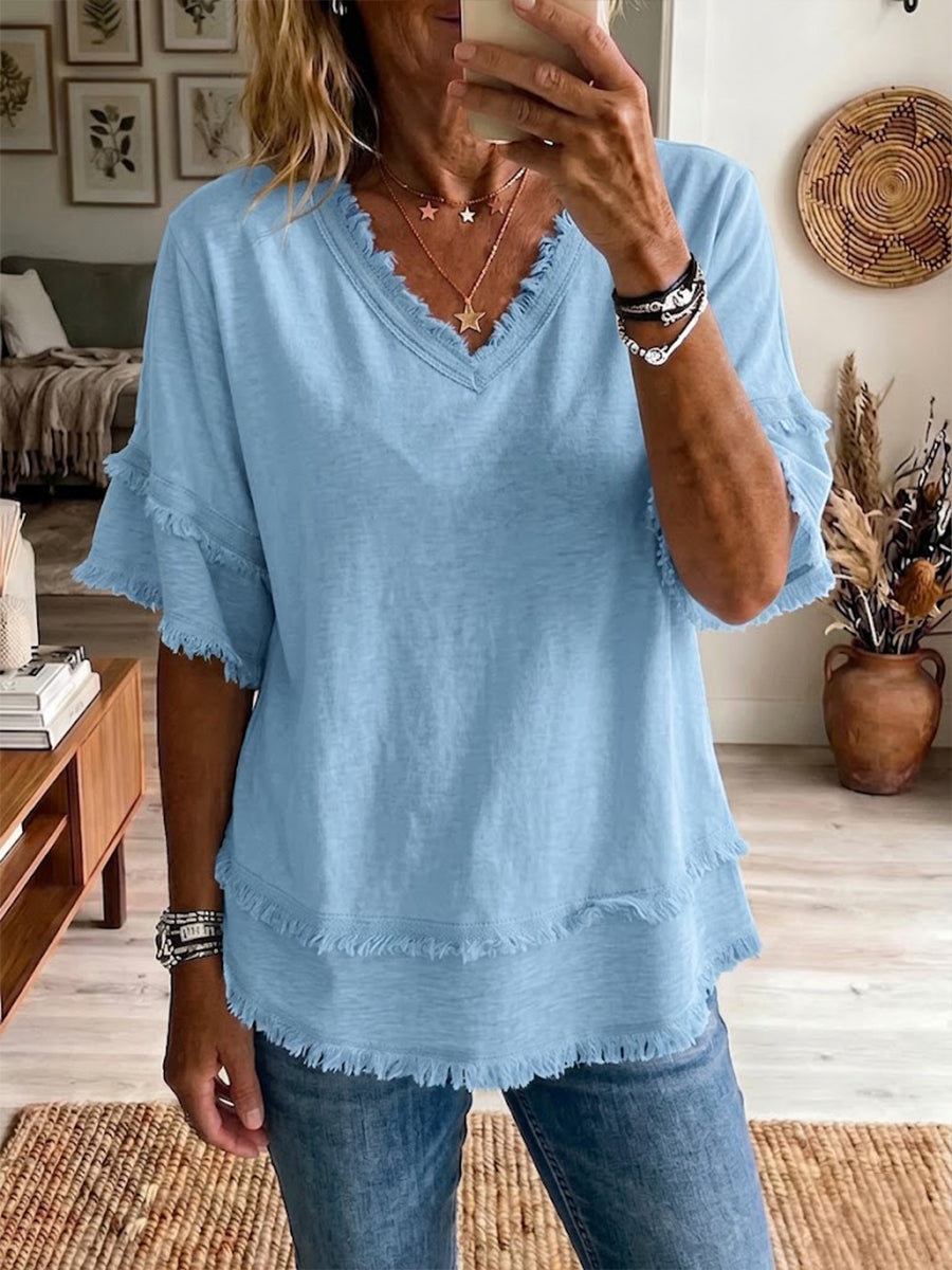 Haut Femme Lin Col V Coupe Décontractée Élégante Hiver
