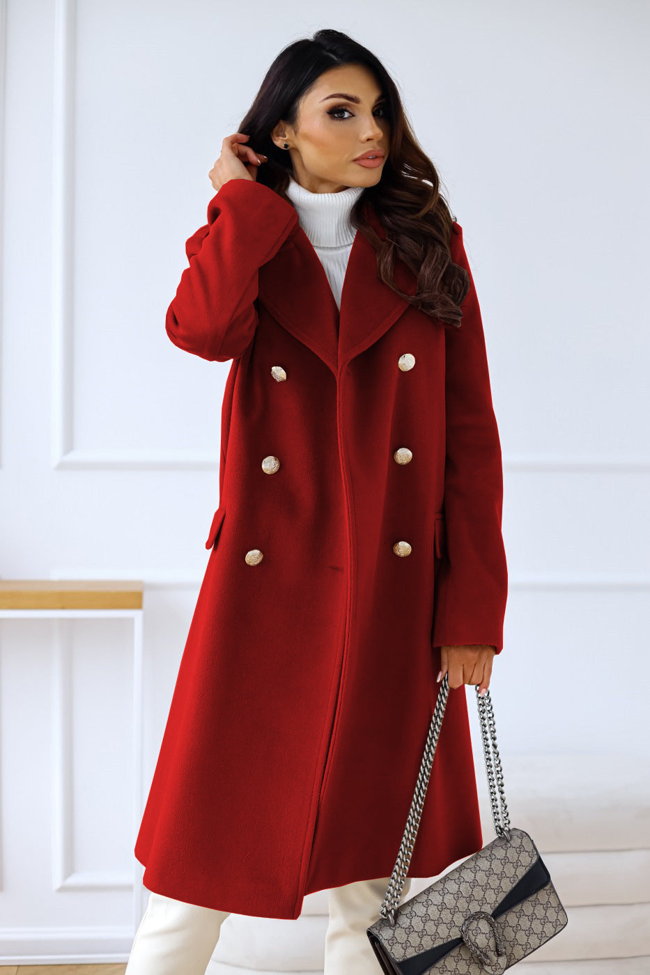 Manteau femme long à boutons coupe élégante en maille mélangée usage urbain