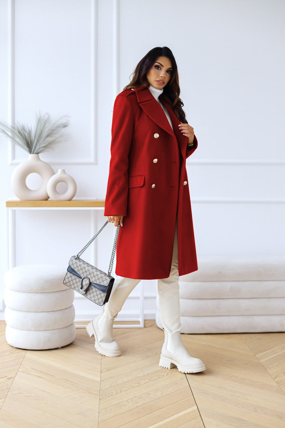 Manteau femme long à boutons coupe élégante en maille mélangée usage urbain