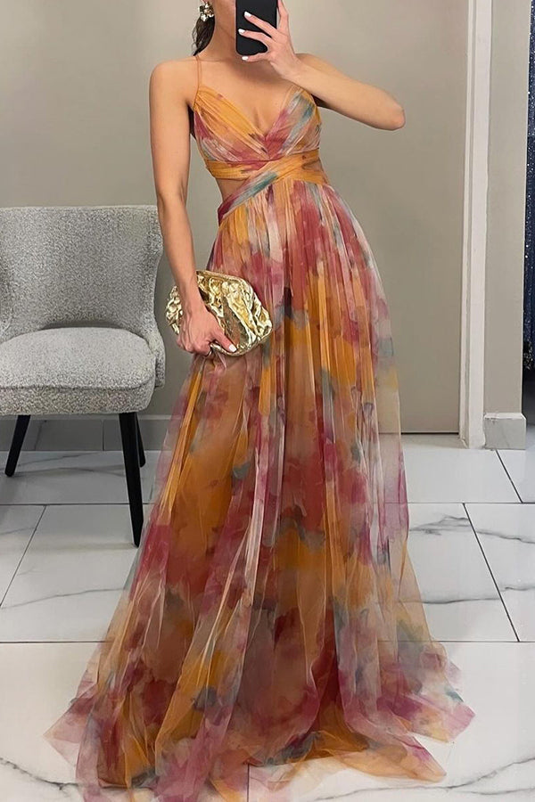 Robe femme maxi fluide imprimé floral bretelles fines col V - élégante hiver