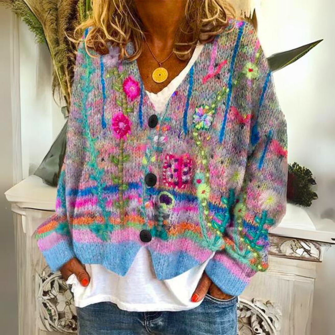 Charlotte - Cardigan Bohème Multicolore Broderies Florales Femme