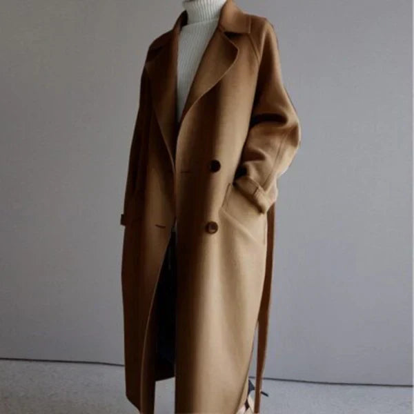 Manteau femme long ceinturé coupe ajustée en maille mélangée pour hiver élégant