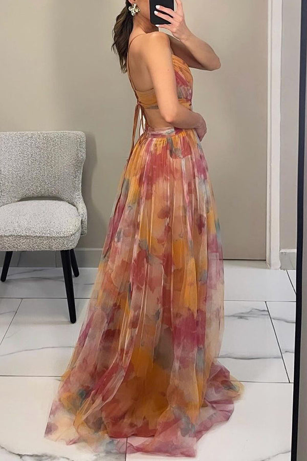 Robe femme maxi fluide imprimé floral bretelles fines col V - élégante hiver