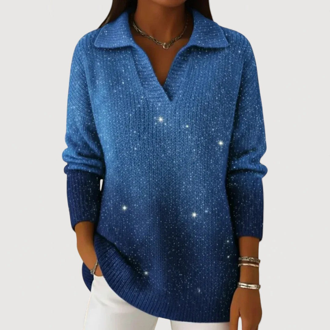 Pull en tricot pailleté à col polo pour femme élégant et confortable