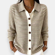 Cardigan femme rayé boutonné à col classique