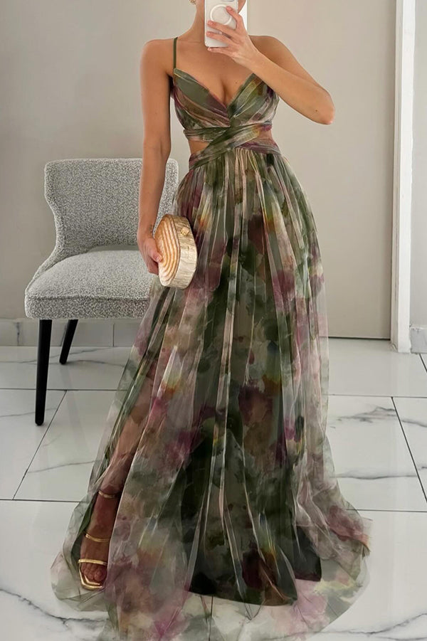 Robe femme maxi fluide imprimé floral bretelles fines col V - élégante hiver