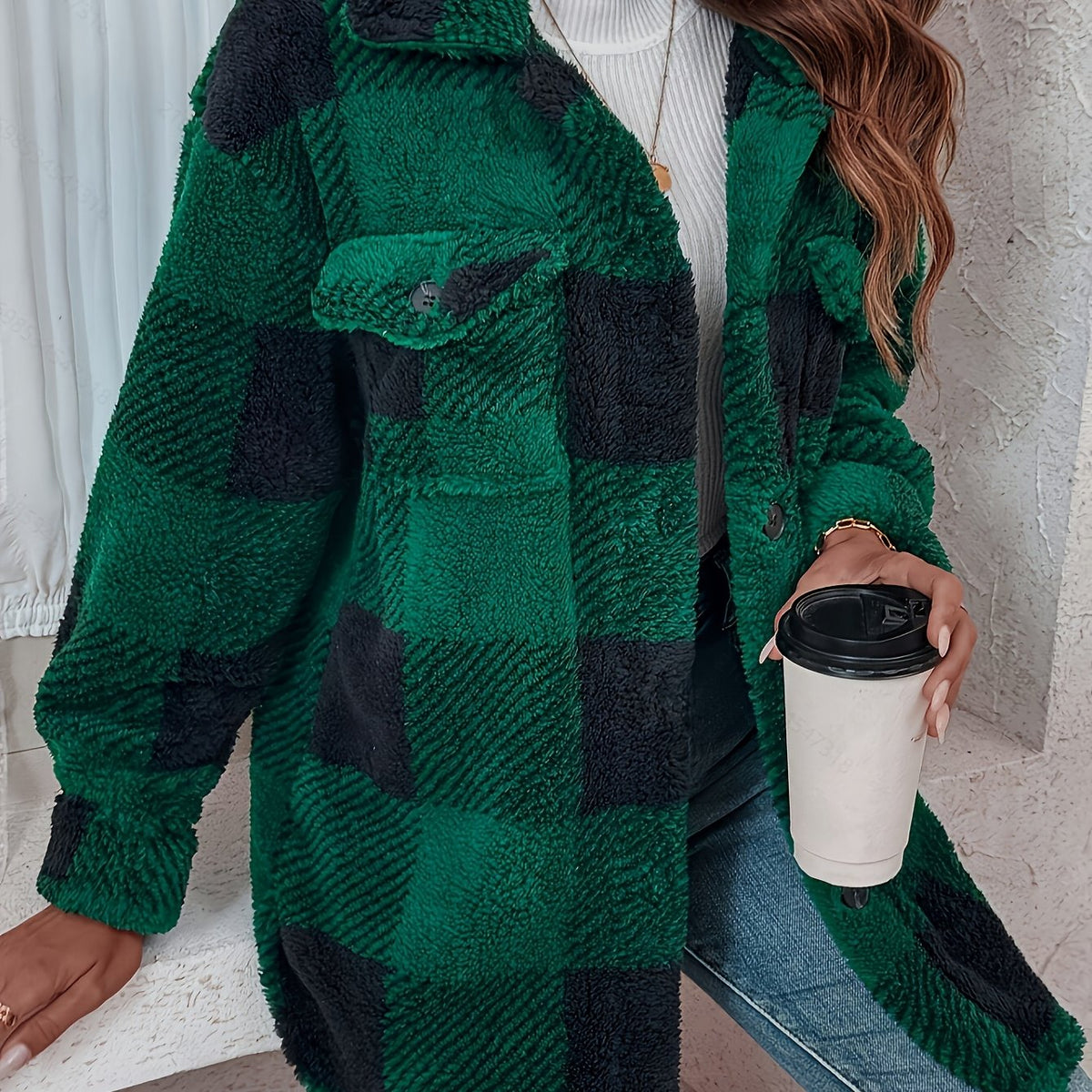 Veste d’hiver en peluche à carreaux – Chaude et confortable