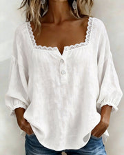 Blouse en Dentelle à Col Carré avec Manches Bouffantes