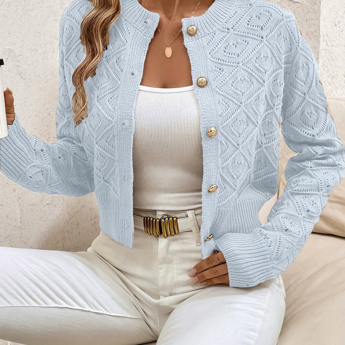 Camille - Cardigan Élégant Boutonné Ajouré