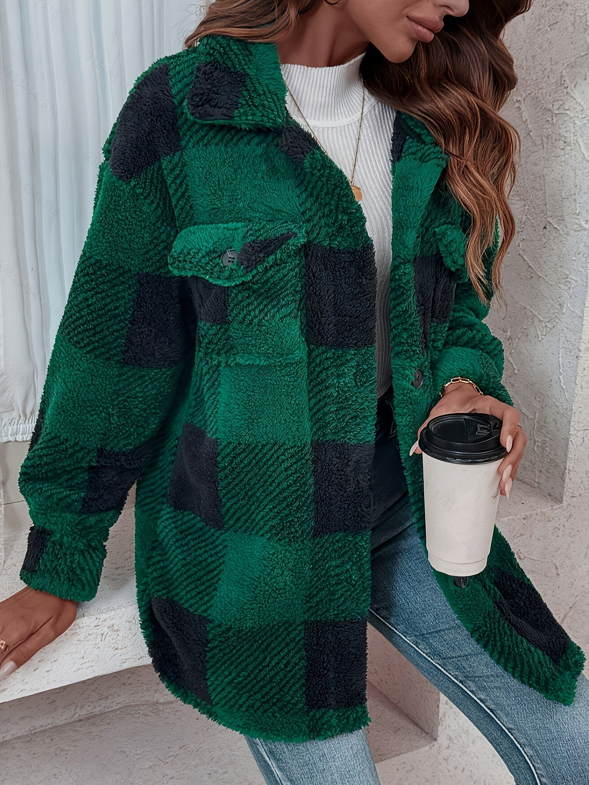 Veste d’hiver en peluche à carreaux – Chaude et confortable