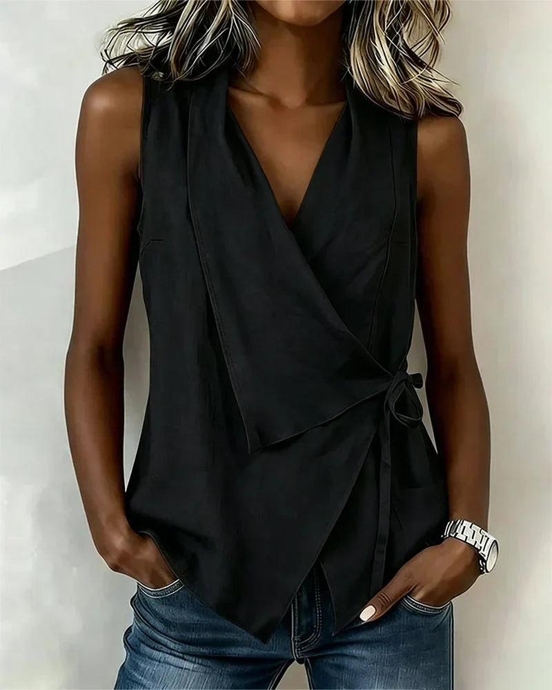 Haut Femme Asymétrique Sans Manches Effet Enveloppé Élégant