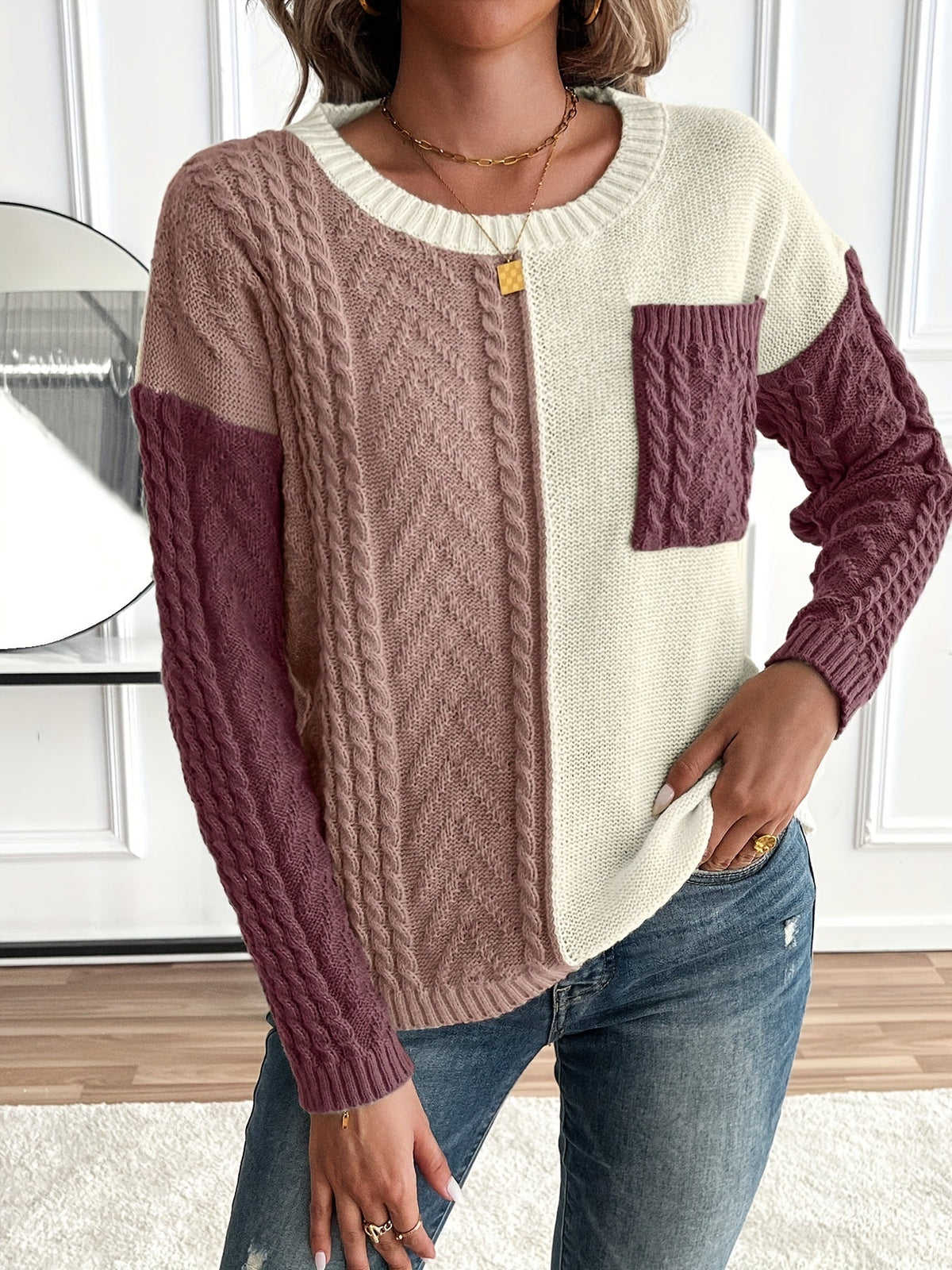 Pull patchwork à maille torsadée pour femme chic et confortable