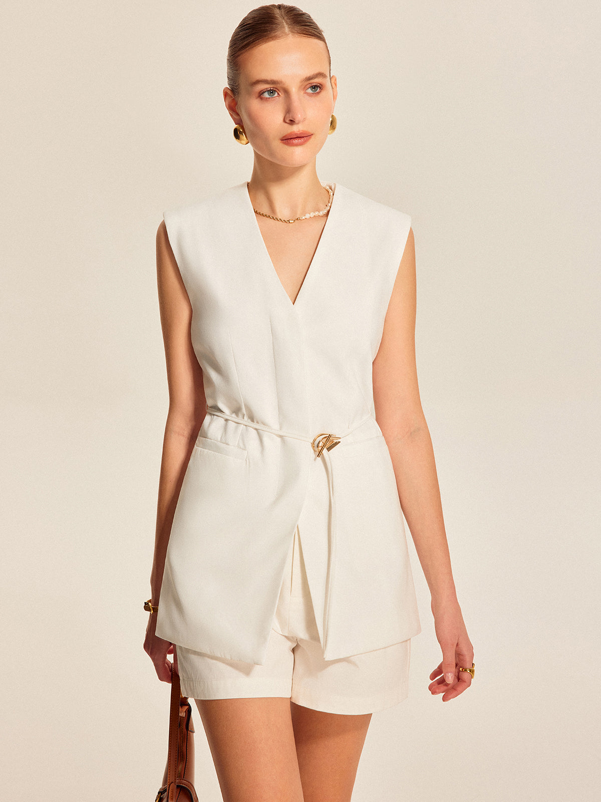 Gilet Femme Sans Manches Avec Ceinture Coupe Structurée Élégante