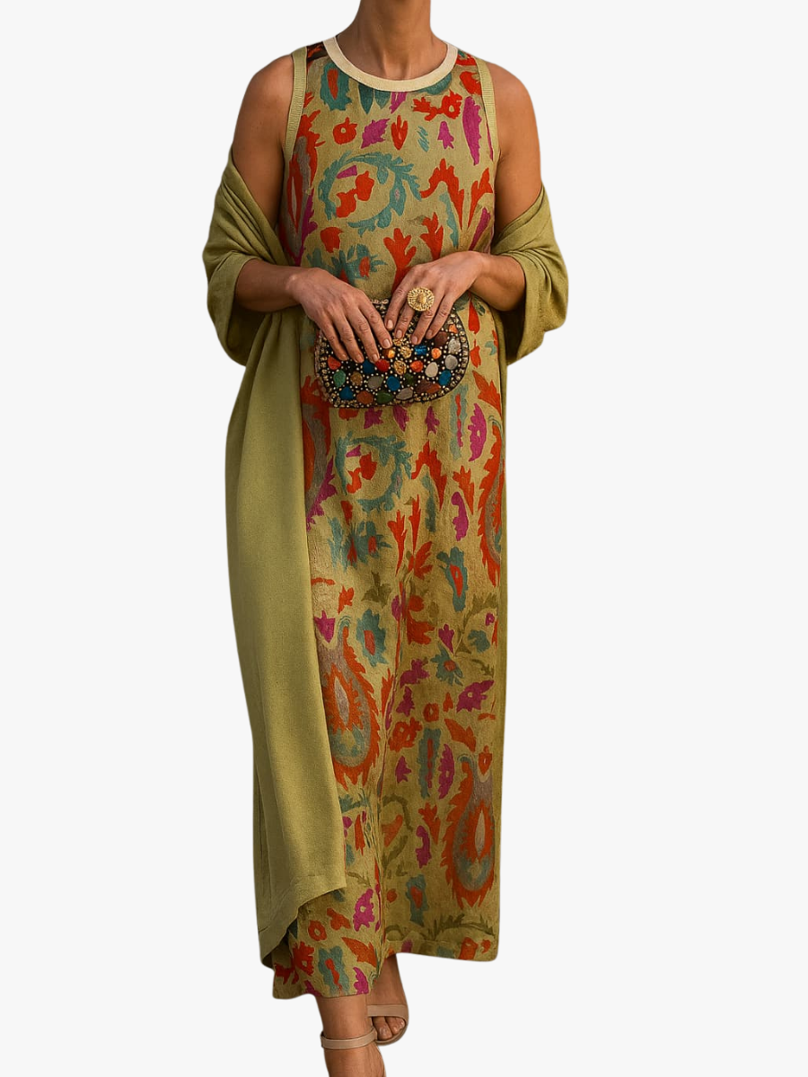 CLAIRE LYON | ROBE IMPRIMÉE AVEC GILET ASSORTI POUR FEMMES