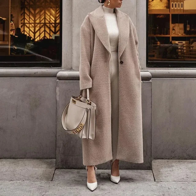 Manteau Long Femme Élégant Coupe Droite Aspect Maille Usage Quotidien