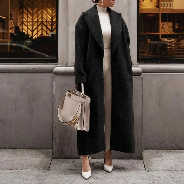 Manteau Long Femme Élégant Coupe Droite Aspect Maille Usage Quotidien