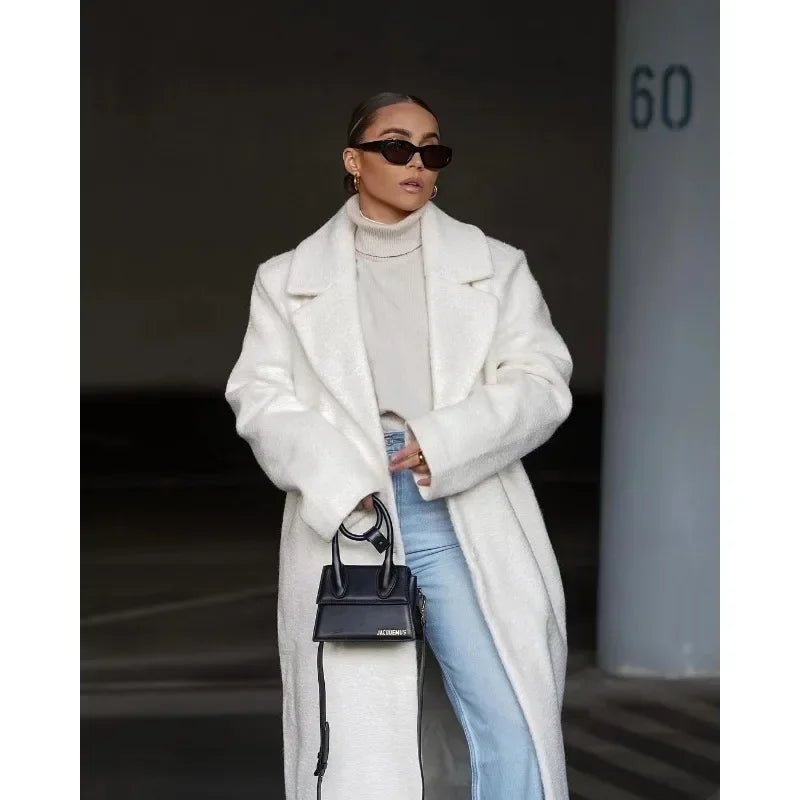 Manteau Long Femme Élégant Coupe Droite Aspect Maille Usage Quotidien