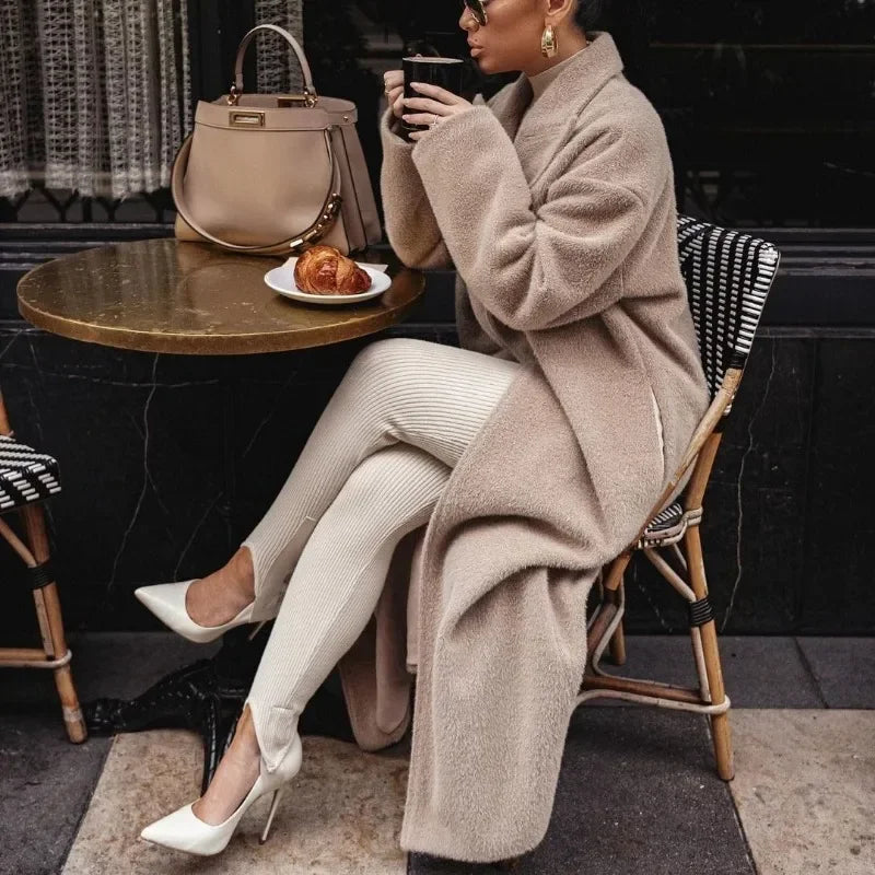 Manteau Long Femme Élégant Coupe Droite Aspect Maille Usage Quotidien