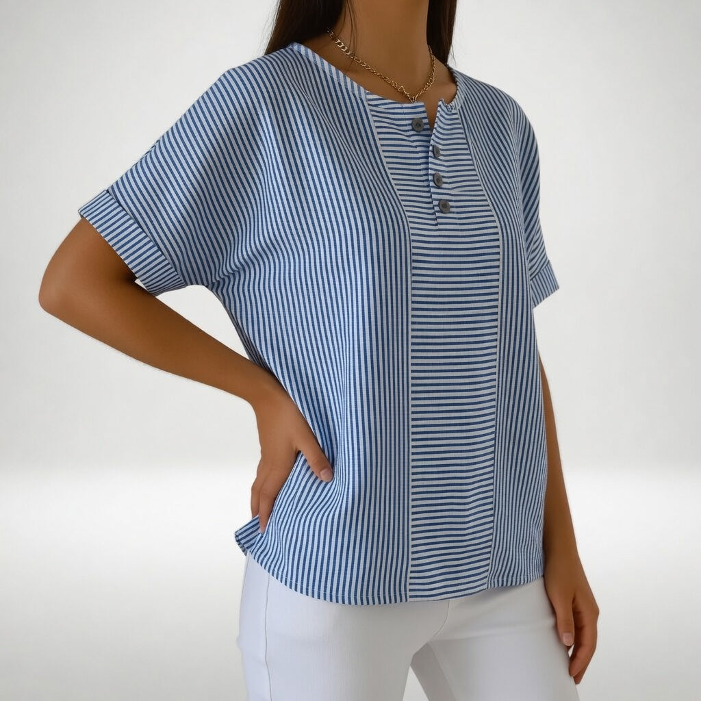 Chemisier Femme Lin Rayé Manches Courtes Col Rond Boutonné Hiver