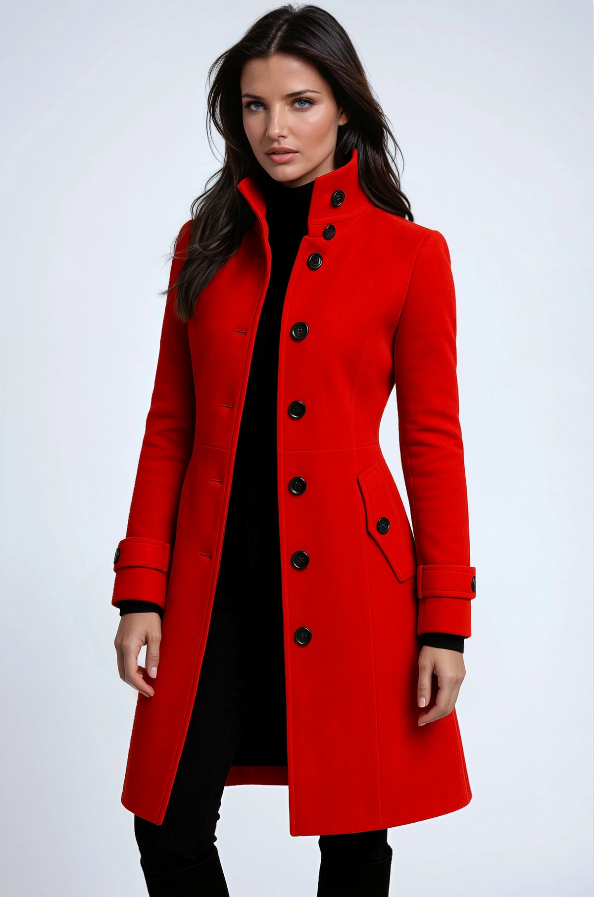 Manteau long femme élégant avec col montant – style moderne et chic