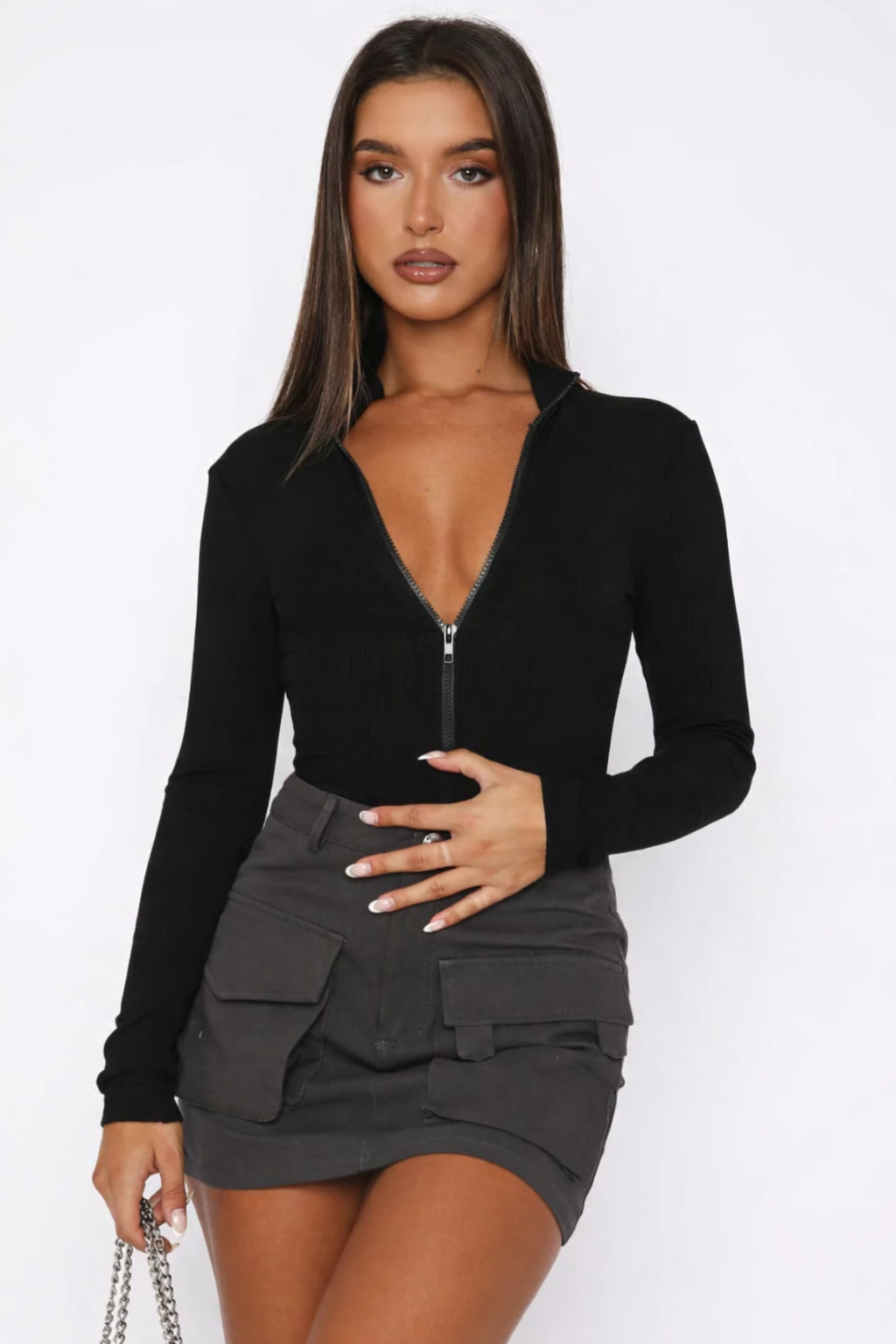 Body Ajusté Col V Zippé  Élégance Moderne