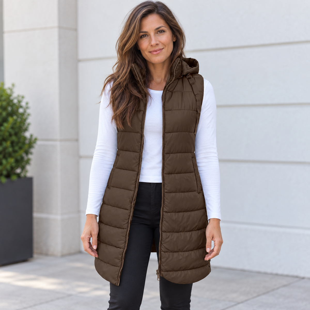CLAIRE LYON | GILET LONG MATELASSÉ À CAPUCHE POUR FEMMES