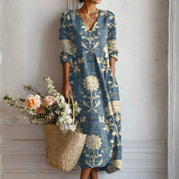 CLAIRE LYON | ROBE MIDI EN LIN FLORAL ANCIEN POUR FEMMES