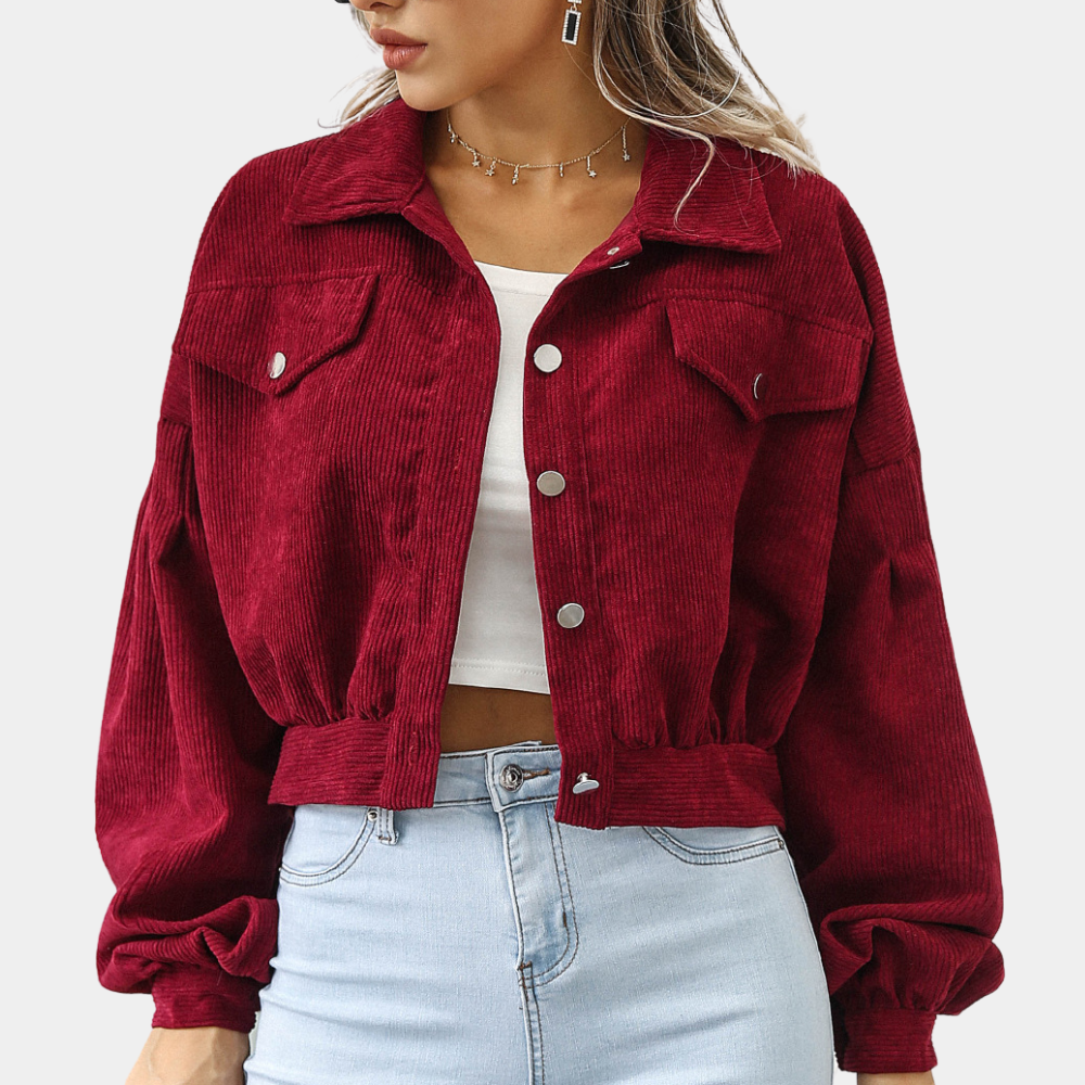 Veste Femme Courte en Velours Côtelé Boutonnée Style Décontracté