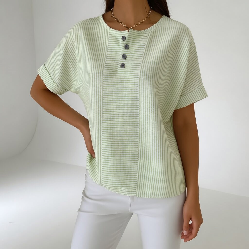 Chemisier Femme Lin Rayé Manches Courtes Col Rond Boutonné Hiver