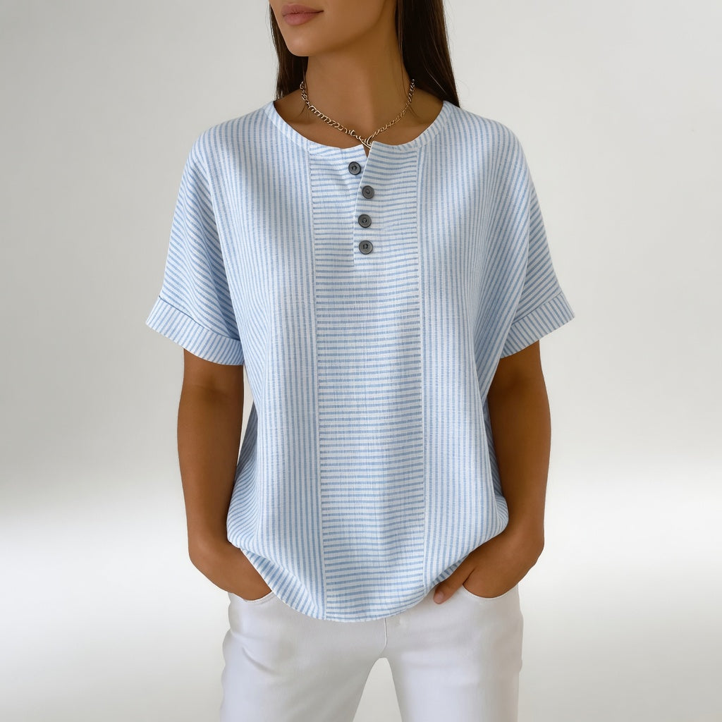 Chemisier Femme Lin Rayé Manches Courtes Col Rond Boutonné Hiver