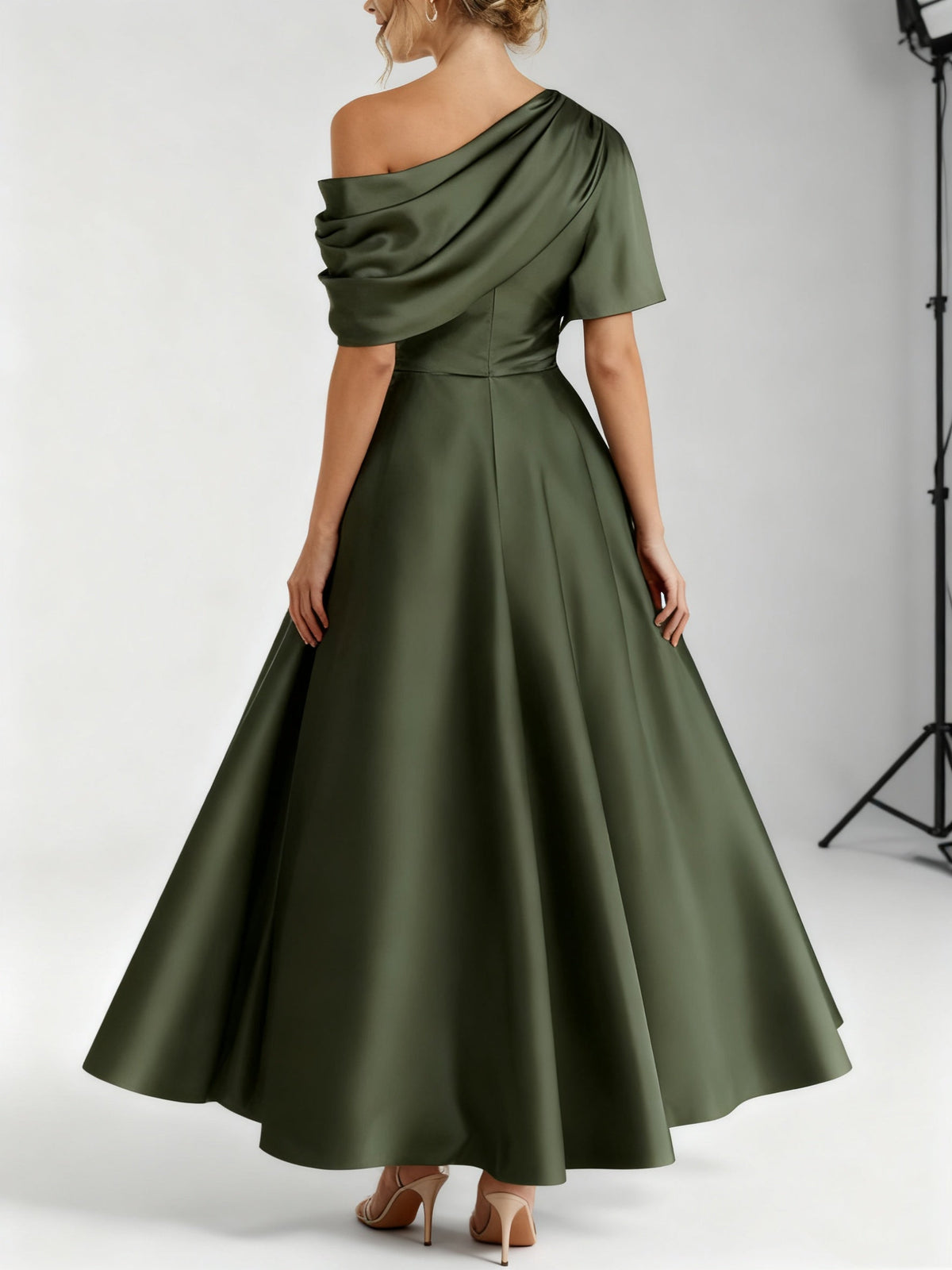 Robe Femme Élégante A-Line Épaule Dénudée Satin Volants Longueur Cheville