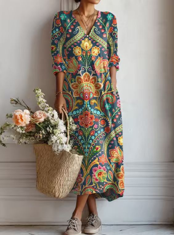 CLAIRE LYON | ROBE MIDI EN LIN FLORAL ANCIEN POUR FEMMES