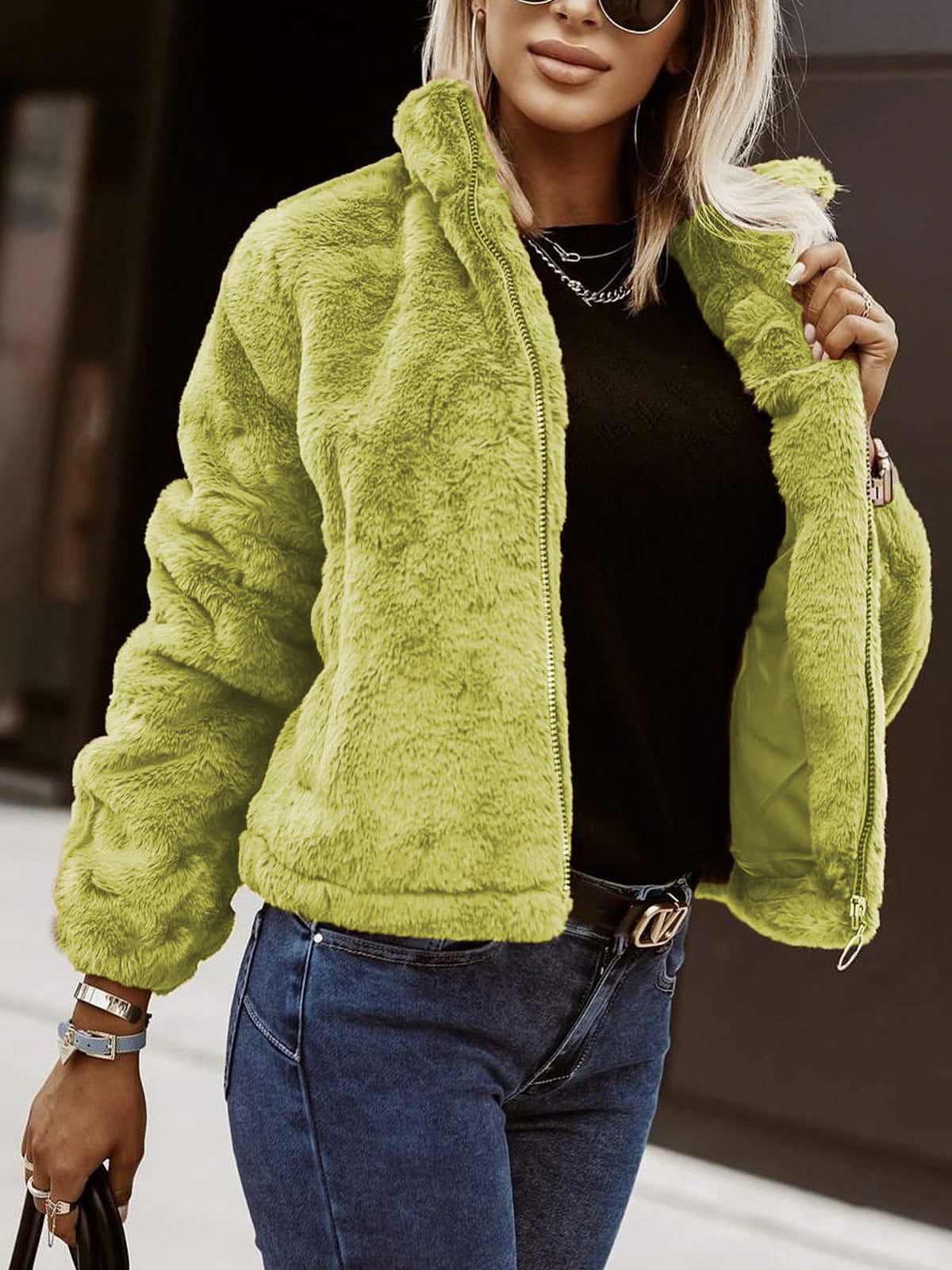 Veste Teddy Femme Style Bomber Doux Fermeture Zippée Confort Quotidien
