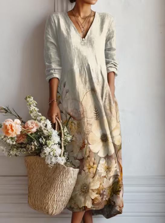 CLAIRE LYON | ROBE MIDI EN LIN FLORAL ANCIEN POUR FEMMES