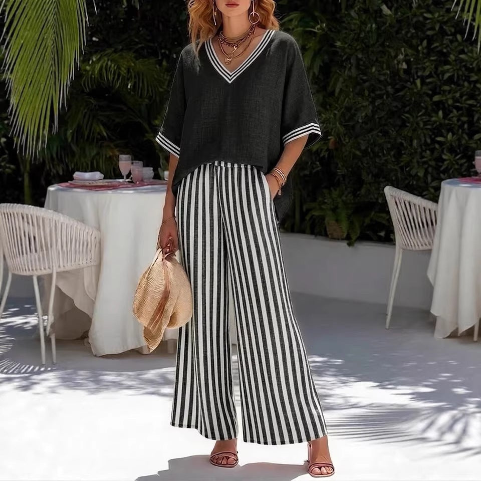 CLAIRE LYON | ENSEMBLE DE DEUX PIÈCES AVEC HAUT À COL EN V ET PANTALON LARGE POUR FEMMES