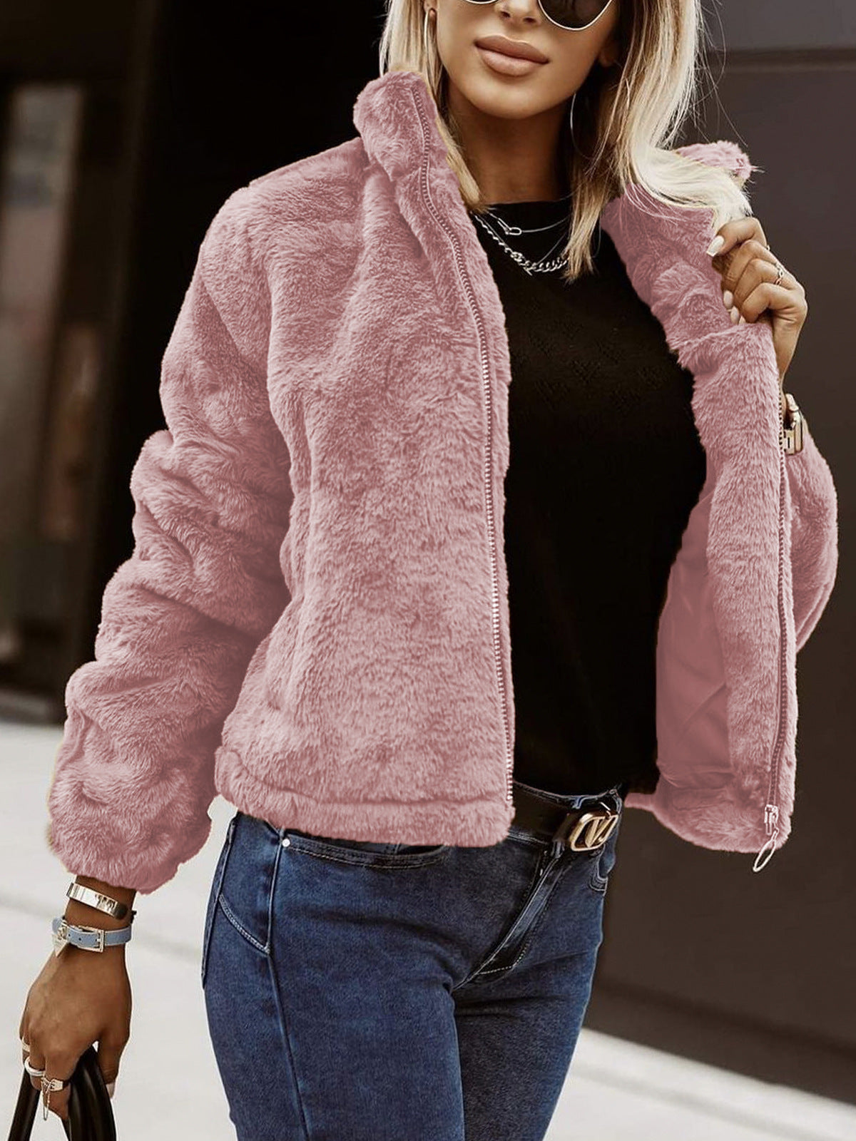Veste Teddy Femme Style Bomber Doux Fermeture Zippée Confort Quotidien