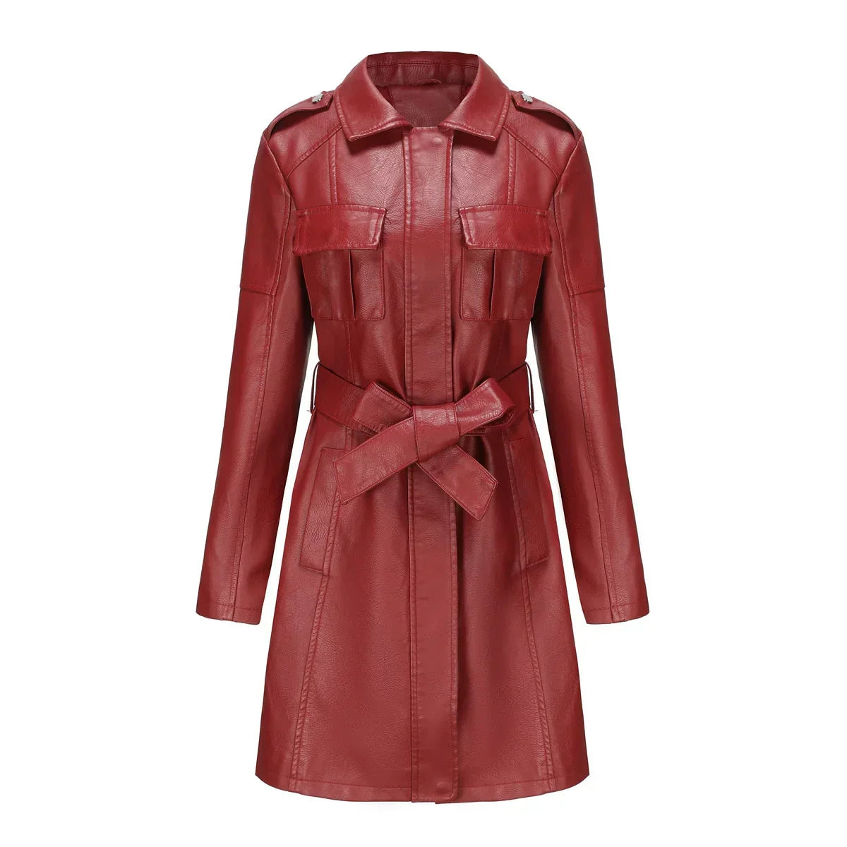 Manteau long femme effet cuir synthétique coupe ajustée avec poches mi-saison