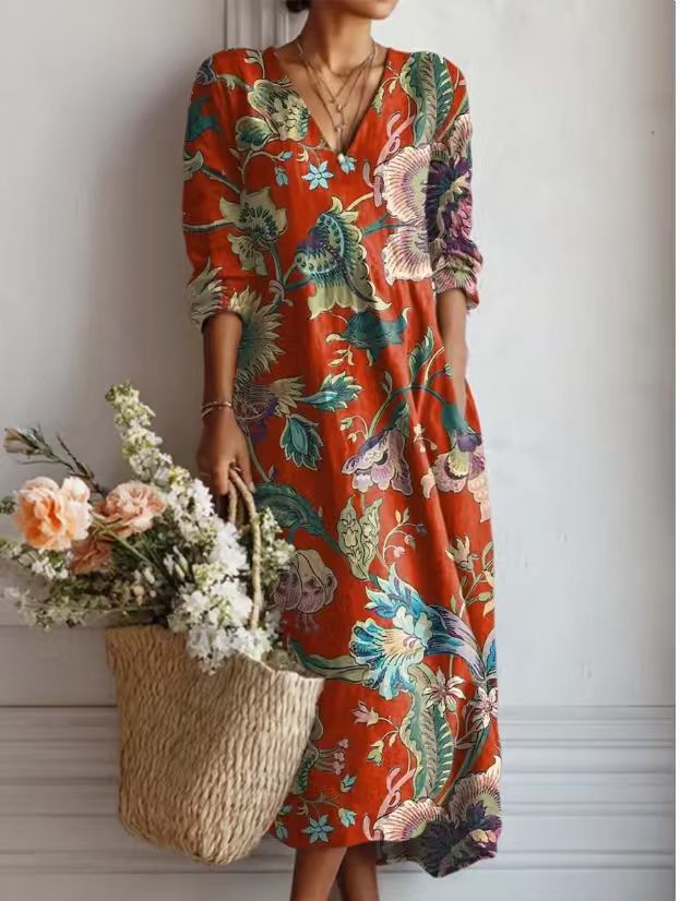 CLAIRE LYON | ROBE MIDI EN LIN FLORAL ANCIEN POUR FEMMES