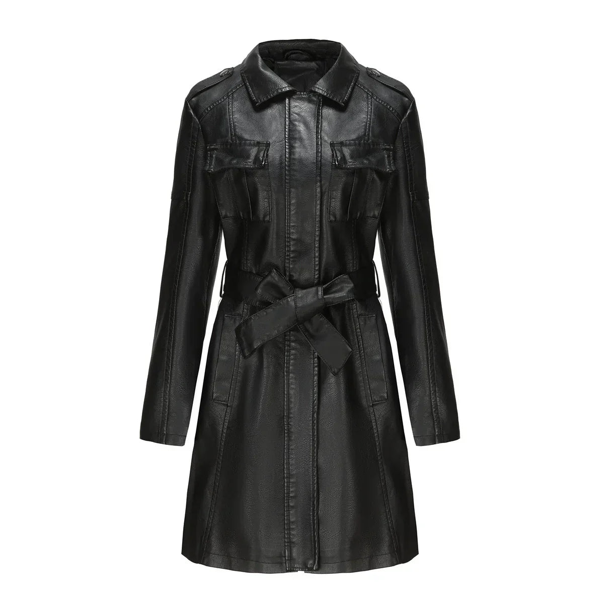 Manteau long femme effet cuir synthétique coupe ajustée avec poches mi-saison