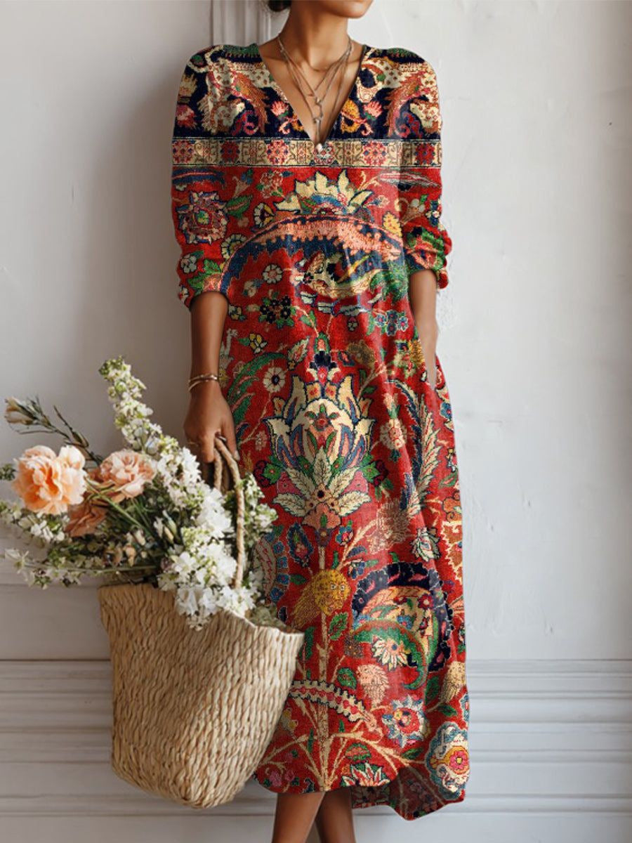 CLAIRE LYON | ROBE MIDI EN LIN FLORAL ANCIEN POUR FEMMES
