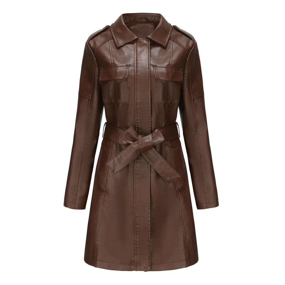Manteau long femme effet cuir synthétique coupe ajustée avec poches mi-saison