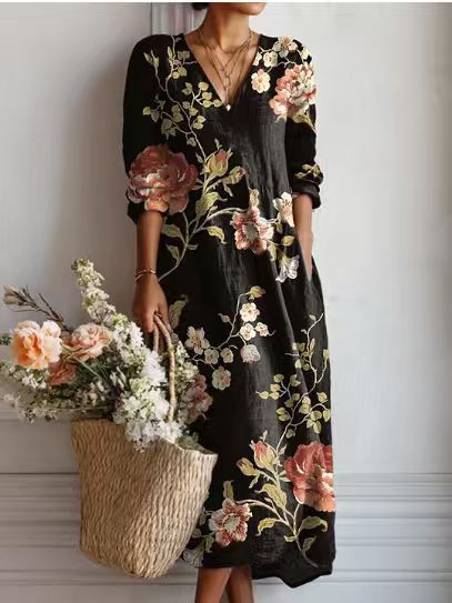 CLAIRE LYON | ROBE MIDI EN LIN FLORAL ANCIEN POUR FEMMES