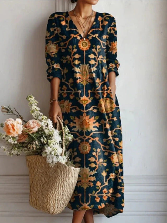 CLAIRE LYON | ROBE MIDI EN LIN FLORAL ANCIEN POUR FEMMES