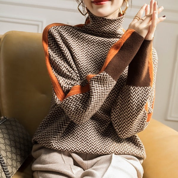 Pull rayé à col montant pour femme chaud et moderne