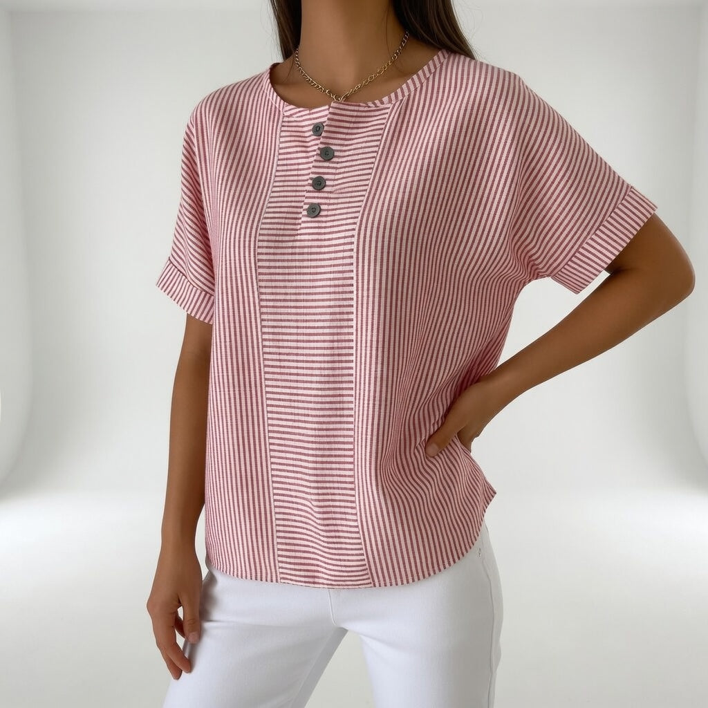Chemisier Femme Lin Rayé Manches Courtes Col Rond Boutonné Hiver