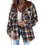 Veste femme à carreaux doublée polaire – manteau chaud à capuche hiver