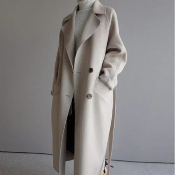 Manteau femme long ceinturé coupe ajustée en maille mélangée pour hiver élégant