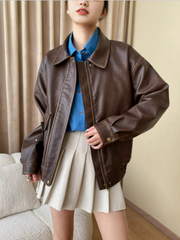 Veste effet cuir femme style vintage – coupe droite décontractée mi-saison